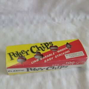 Box of 100 vintage red and white plastic poker chips from Astor.